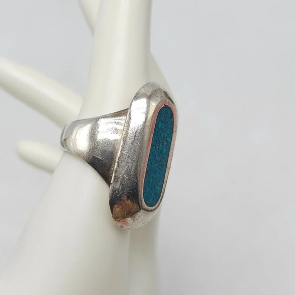 Artisan Taxco Modernist Sterling Silver Ring With Turquoise Chip Inlay 8.5 - Picture 3 of 9